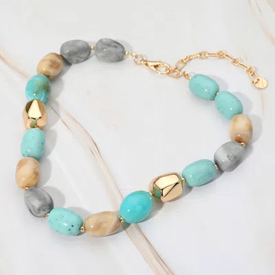 Fashnzfab Chunky Marbled Resin Metal Pebble Beaded Necklace In Blue