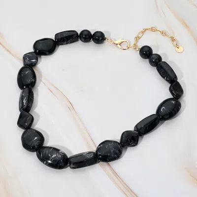 Fashnzfab Chunky Marbled Resin Multi Shape Pebble Beaded Necklace In Black
