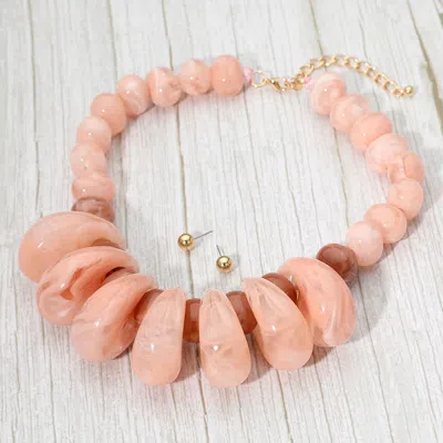 Fashnzfab Chunky Marbled Resin Pebble Beaded Statement Necklace - Gold, Pink