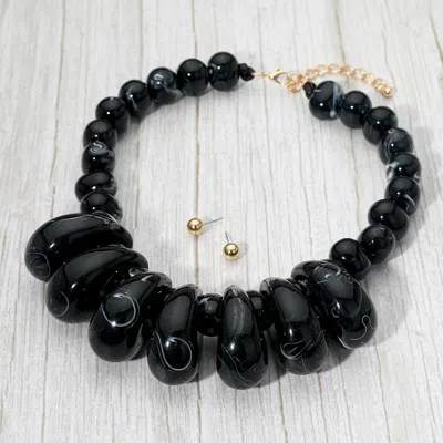Fashnzfab Chunky Marbled Resin Pebble Beaded Statement Necklace - Black, Gold