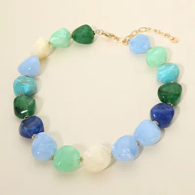 Fashnzfab Chunky Marbled Resin Pebble Beaded Statement Necklace In Blue