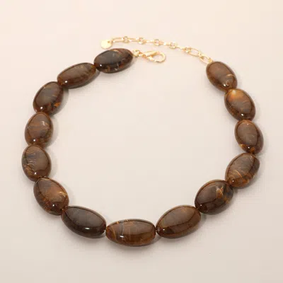 Fashnzfab Chunky Marbled Resin Pebble Beaded Statement Necklace In Brown