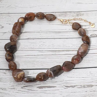 Fashnzfab Chunky Marbled Resin Pebble Beaded Statement Necklace In Brown