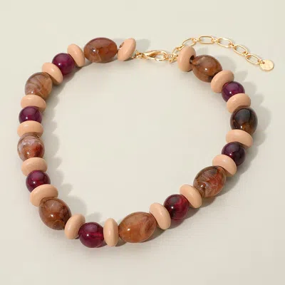 Fashnzfab Chunky Marbled Resin Pebble Wood Beaded Necklace - Brown