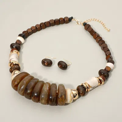 Fashnzfab Chunky Marbled Resin Wood Beaded Statement Necklace In Multi