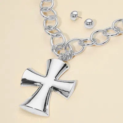 Fashnzfab Chunky Matte Metal Cross Pendant Pointed Chain Necklace - Rhodium In Multi
