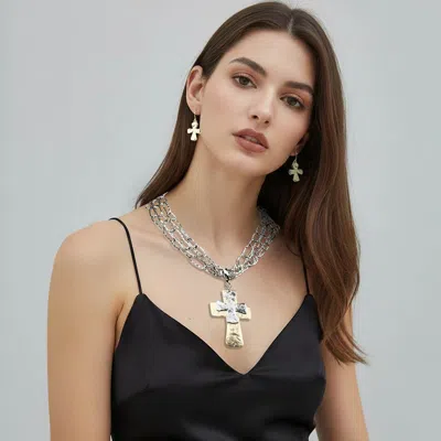 Fashnzfab Chunky Matte Metal Layered Cross Pendant Textured Oval Link Layered Chain Statement Necklace In Gold