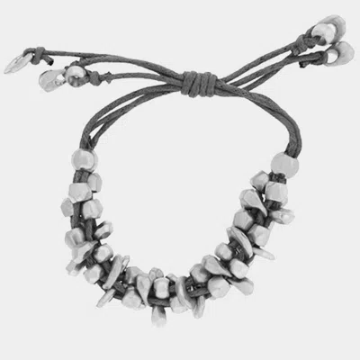 Fashnzfab Chunky Metal Bead Coated Cord Adjustable Cinch Pull Tie Bracelet Black, Worn Silver In Metallic