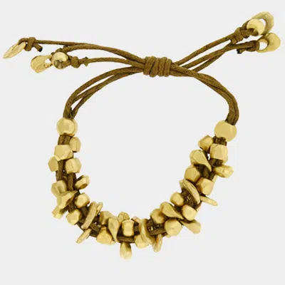 Fashnzfab Chunky Metal Bead Coated Cord Adjustable Cinch Pull Tie Bracelet Brown, Matte Gold In Multi