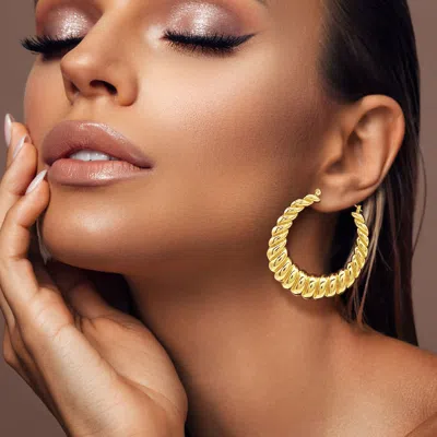 Fashnzfab Chunky Metal Croissant Twisted Hoop Pin Catch Earrings - Gold