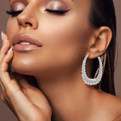 Fashnzfab Chunky Metal Croissant Twisted Oval Hoop Pin Catch Earrings - Rhodium In Metallic