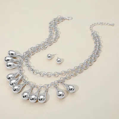 Fashnzfab Chunky Metal Teardrop Ball Layered Statement Necklace - Rhodium In Silver