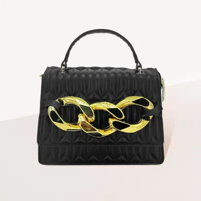 Fashnzfab Chunky Metal Trim Accented Faux Leather Top Handle Crossbody Bag In Black