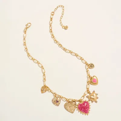 Fashnzfab Chunky Mixed Heart Charm Station Paperclip Chain Necklace - Pink