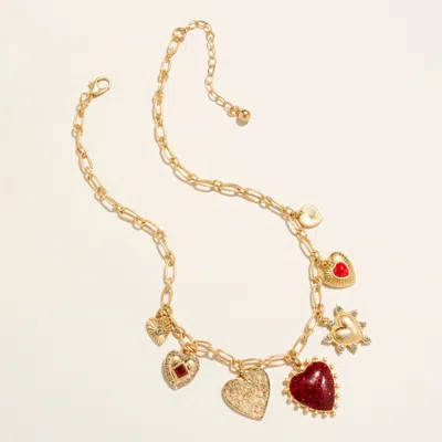 Fashnzfab Chunky Mixed Heart Charm Station Paperclip Chain Necklace - Red