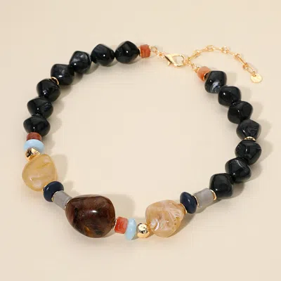 Fashnzfab Chunky Mixed Marbled Resin Pebble Beaded Statement Necklace - Black