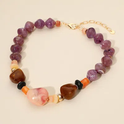 Fashnzfab Chunky Mixed Marbled Resin Pebble Beaded Statement Necklace - Purple