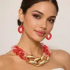 Fashnzfab Chunky Mixed Texture Link Statement Necklace In Red