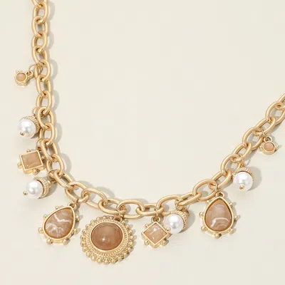 Fashnzfab Chunky Multi-shaped Cabochon Pearl Charm Station Necklace