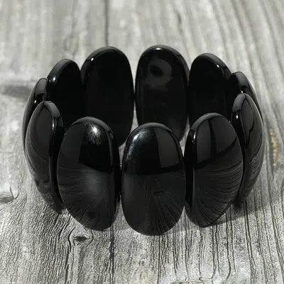 Fashnzfab Chunky Oval Resin Panel Beaded Stretch Bracelet 1.5" H In Black