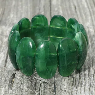 Fashnzfab Chunky Oval Resin Panel Beaded Stretch Bracelet 1.5" H In Green
