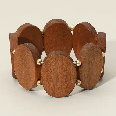 Fashnzfab Chunky Oval Wooden Plate Beaded Stretch Bracelet Neutral In Sand