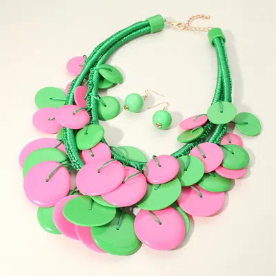 Fashnzfab Chunky Oversized Acrylic Disc Beaded Thread Statement Necklace - Pink & Green In Multi