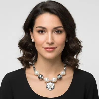 Fashnzfab Chunky Pearl Accent Flower Pendant Beaded Statement Necklace In Black