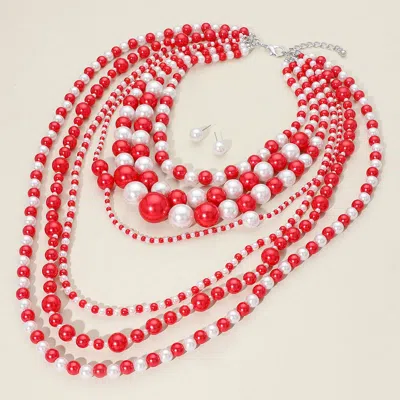 Fashnzfab Chunky Pearl Beaded Multi Layered Statement Necklace In Red