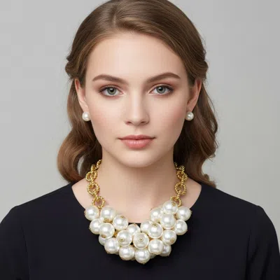 Fashnzfab Chunky Pearl Cluster Beaded Accent Statement Necklace In Metallic