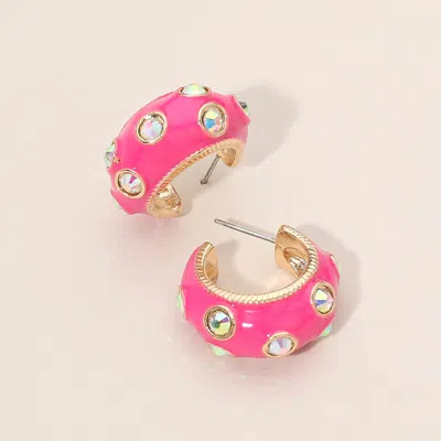Fashnzfab Chunky Pearl Embellished Enamel Hoop Earrings In Pink