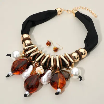 Fashnzfab Chunky Pearl Resin Metal Beaded Fabric Statement Necklace In Multi