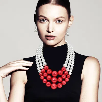 Fashnzfab Chunky Pearl Triple Layered Strand Necklace In Red