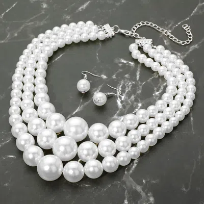 Fashnzfab Chunky Pearl Triple Layered Strand Necklace - Silver, White