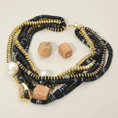 Fashnzfab Chunky Pearl Wooden Cube Metal Pebble Accent Multi Disc Beaded Layered Toggle Statement Necklace - B In Gold