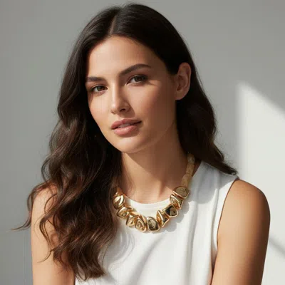 Fashnzfab Chunky Polished Metal Marbled Resin Pebble Beaded Statement Necklace - Ivory In White