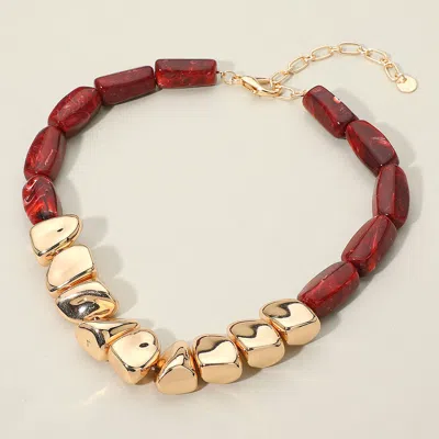 Fashnzfab Chunky Polished Metal Marbled Resin Pebble Beaded Statement Necklace - Wine In Red
