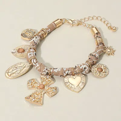 Fashnzfab Chunky Religious Cross Heart Charm Station Fabric Chain Bracelet Beige, Gold In Multi