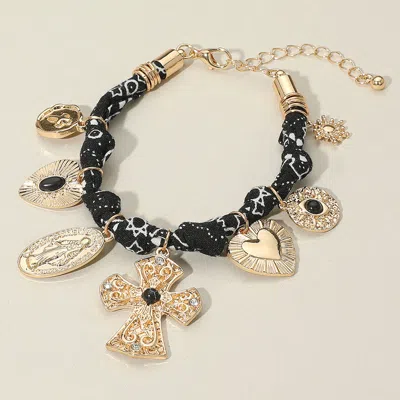 Fashnzfab Chunky Religious Cross Heart Charm Station Fabric Chain Bracelet Black, Gold In Multi