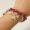 Fashnzfab Chunky Religious Cross Heart Charm Station Fabric Chain Bracelet Burgundy, Gold In Multi