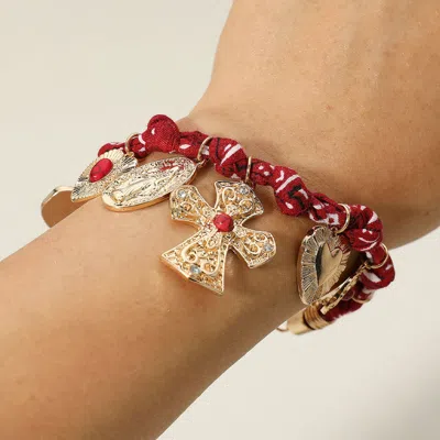 Fashnzfab Chunky Religious Cross Heart Charm Station Fabric Chain Bracelet Burgundy, Gold In Multi