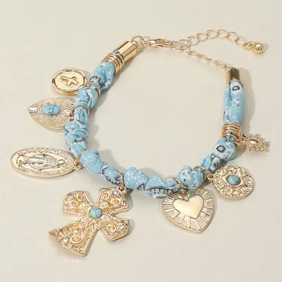 Fashnzfab Chunky Religious Cross Heart Charm Station Fabric Chain Bracelet Gold, Turquoise