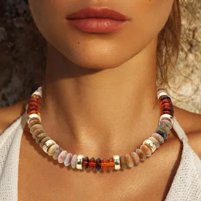 Fashnzfab Chunky Resin Disc Beaded Necklace - Brown, Gold, Light In Multi