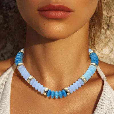 Fashnzfab Chunky Resin Disc Beaded Necklace - Gold, Light Blue