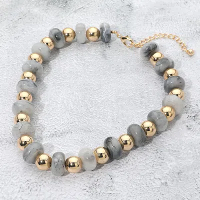 Fashnzfab Chunky Resin Disc Metal Ball Beaded Statement Necklace - Gold, Gray In Multi