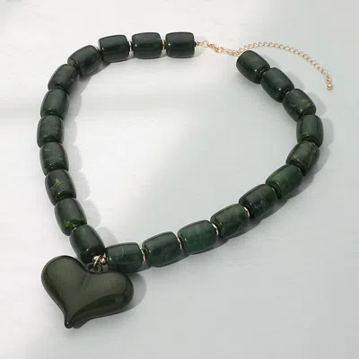 Fashnzfab Chunky Resin Heart Pendant Beaded Statement Necklace In Green