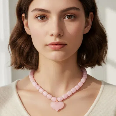 Fashnzfab Chunky Resin Heart Pendant Beaded Statement Necklace In Pink