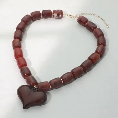Fashnzfab Chunky Resin Heart Pendant Beaded Statement Necklace In Brown