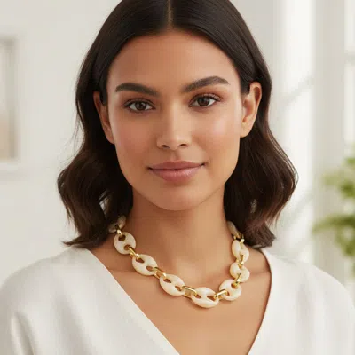 Fashnzfab Chunky Resin Mariner Link Statement Necklace - Cream, Gold In Multi