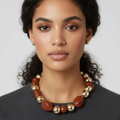 Fashnzfab Chunky Resin Pebble Metal Ball Beaded Statement Necklace - Brown, Gold